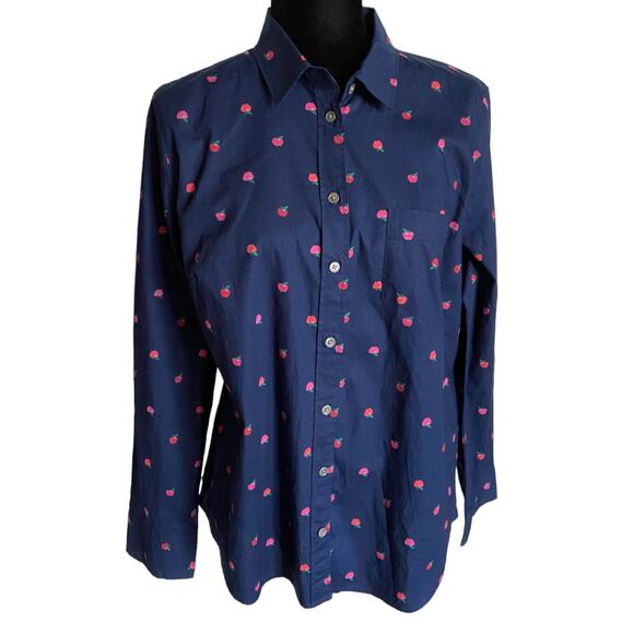 J. Crew Womens Blouse L Cotton Poplin Shirt Signature Fit Apples Blue Pink NEW - Picture 3 of 7